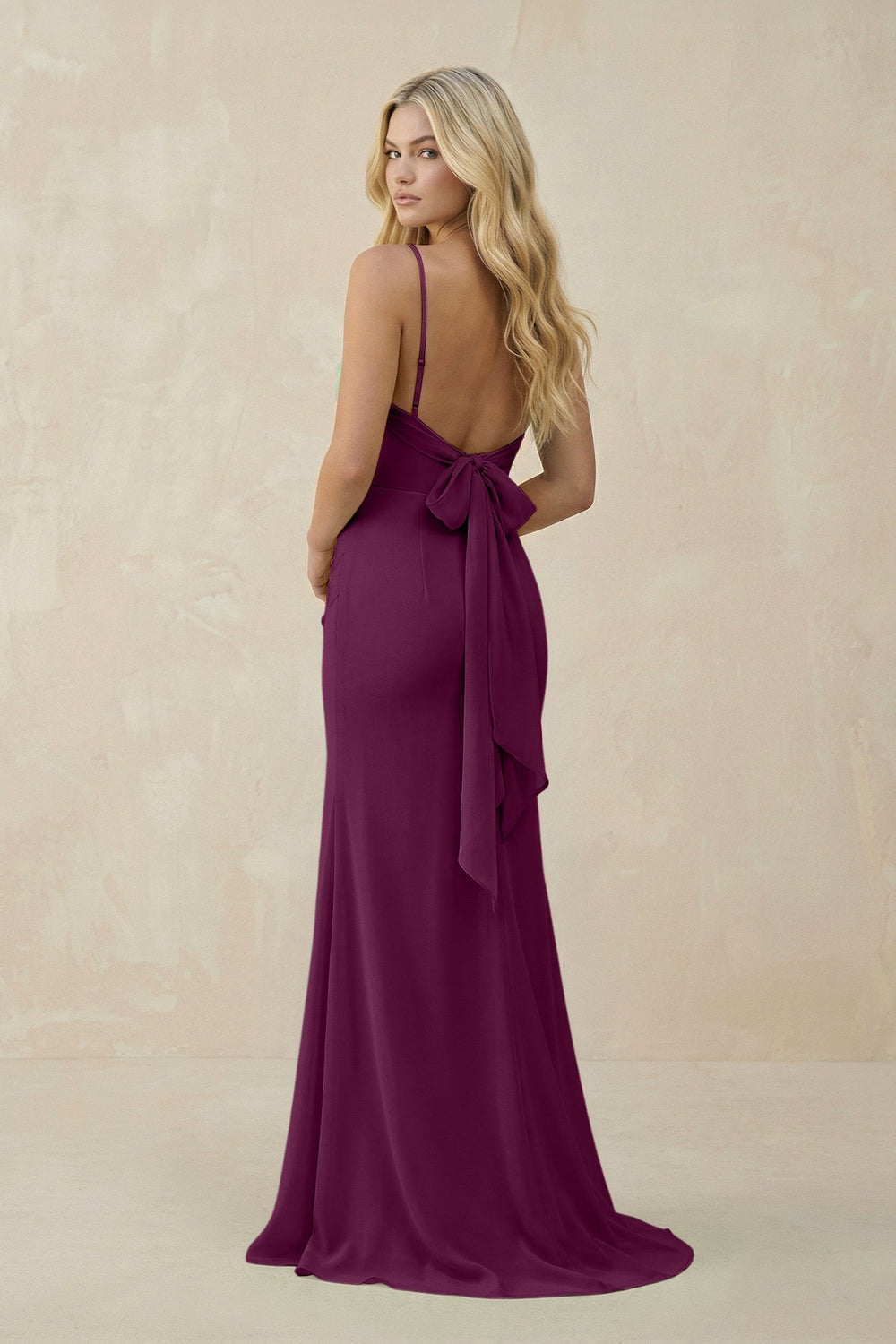 Cowl Neck Sheath Chiffon Bridesmaid Dress with Corset in Fig - KISS BRIDAL Bridesmaid Dresses