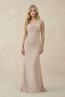 Cowl Neck Sheath Chiffon Bridesmaid Dress with Corset in Frost - SHE IS ME Bridesmaid Dresses