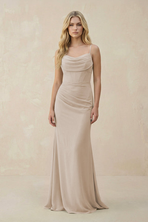 Cowl Neck Sheath Chiffon Bridesmaid Dress with Corset in Frost - SHE IS ME Bridesmaid Dresses