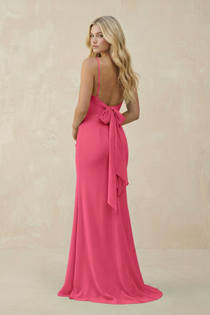 Cowl Neck Sheath Chiffon Bridesmaid Dress with Corset in Fuchsia - SHE IS ME Bridesmaid Dresses