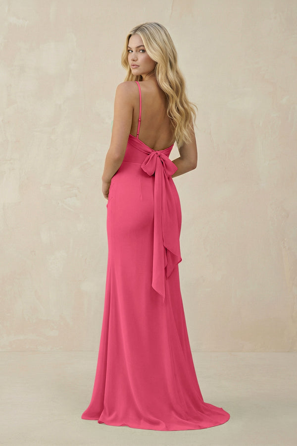 Cowl Neck Sheath Chiffon Bridesmaid Dress with Corset in Fuchsia - SHE IS ME Bridesmaid Dresses