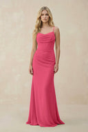 Cowl Neck Sheath Chiffon Bridesmaid Dress with Corset in Fuchsia - SHE IS ME Bridesmaid Dresses