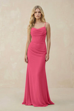 Cowl Neck Sheath Chiffon Bridesmaid Dress with Corset in Fuchsia - SHE IS ME Bridesmaid Dresses