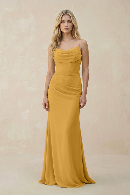 Cowl Neck Sheath Chiffon Bridesmaid Dress with Corset in Marigold - KISS BRIDAL Bridesmaid Dresses