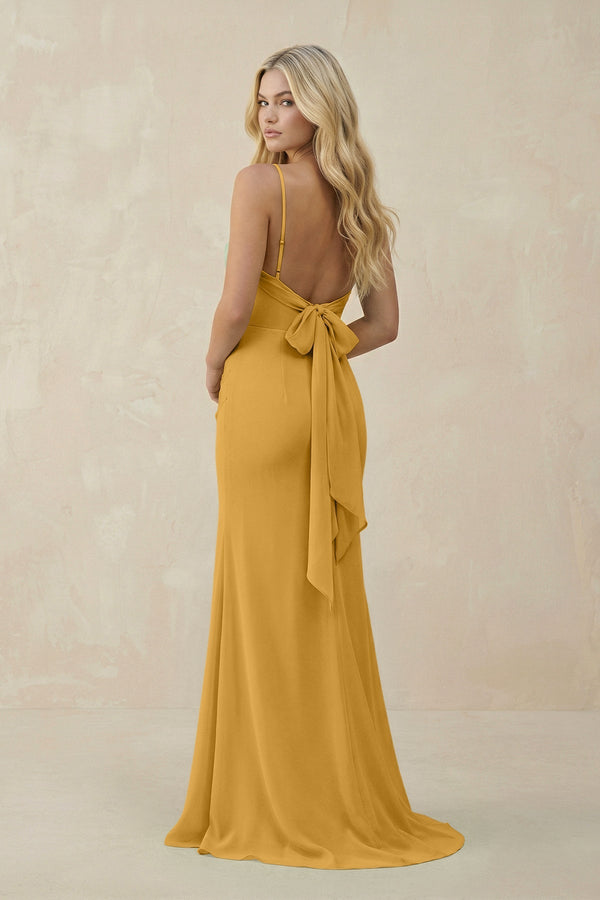 Cowl Neck Sheath Chiffon Bridesmaid Dress with Corset in Marigold - KISS BRIDAL Bridesmaid Dresses