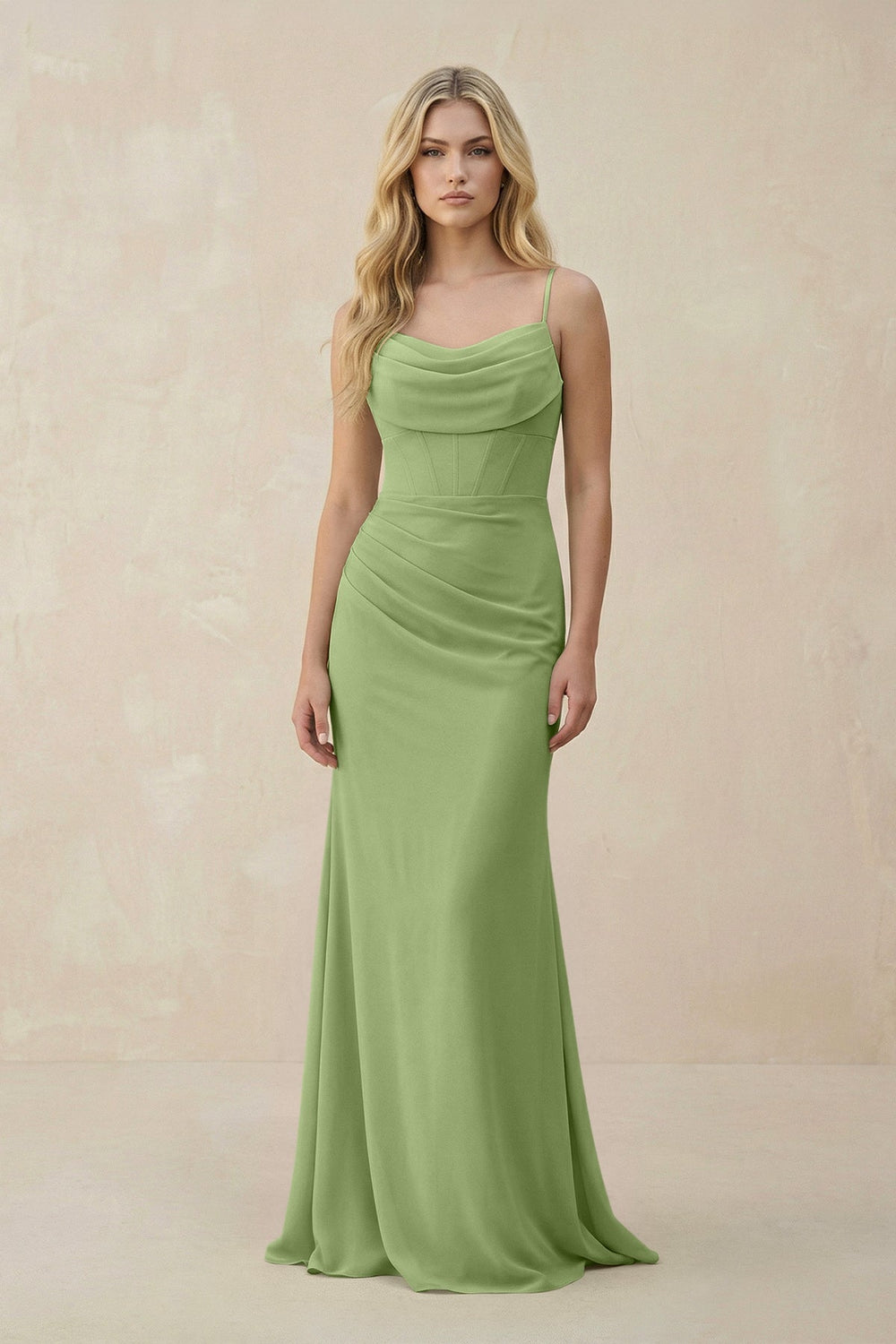Cowl Neck Sheath Chiffon Bridesmaid Dress with Corset in Matcha - KISS BRIDAL Bridesmaid Dresses
