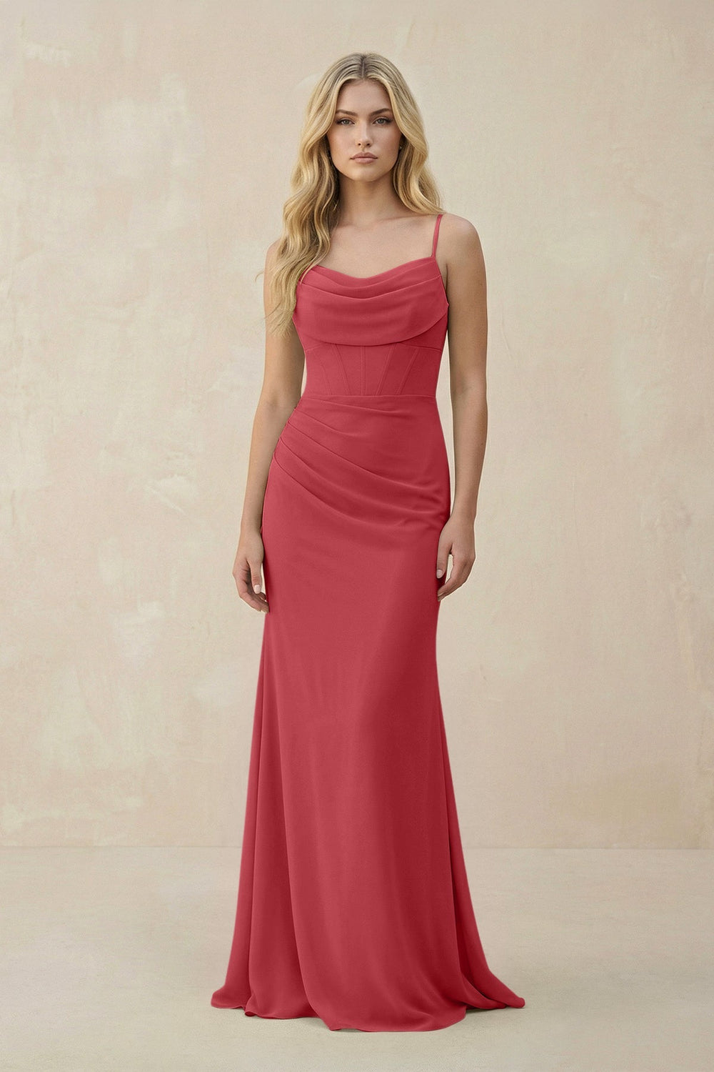 Cowl Neck Sheath Chiffon Bridesmaid Dress with Corset in Merlot - KISS BRIDAL Bridesmaid Dresses