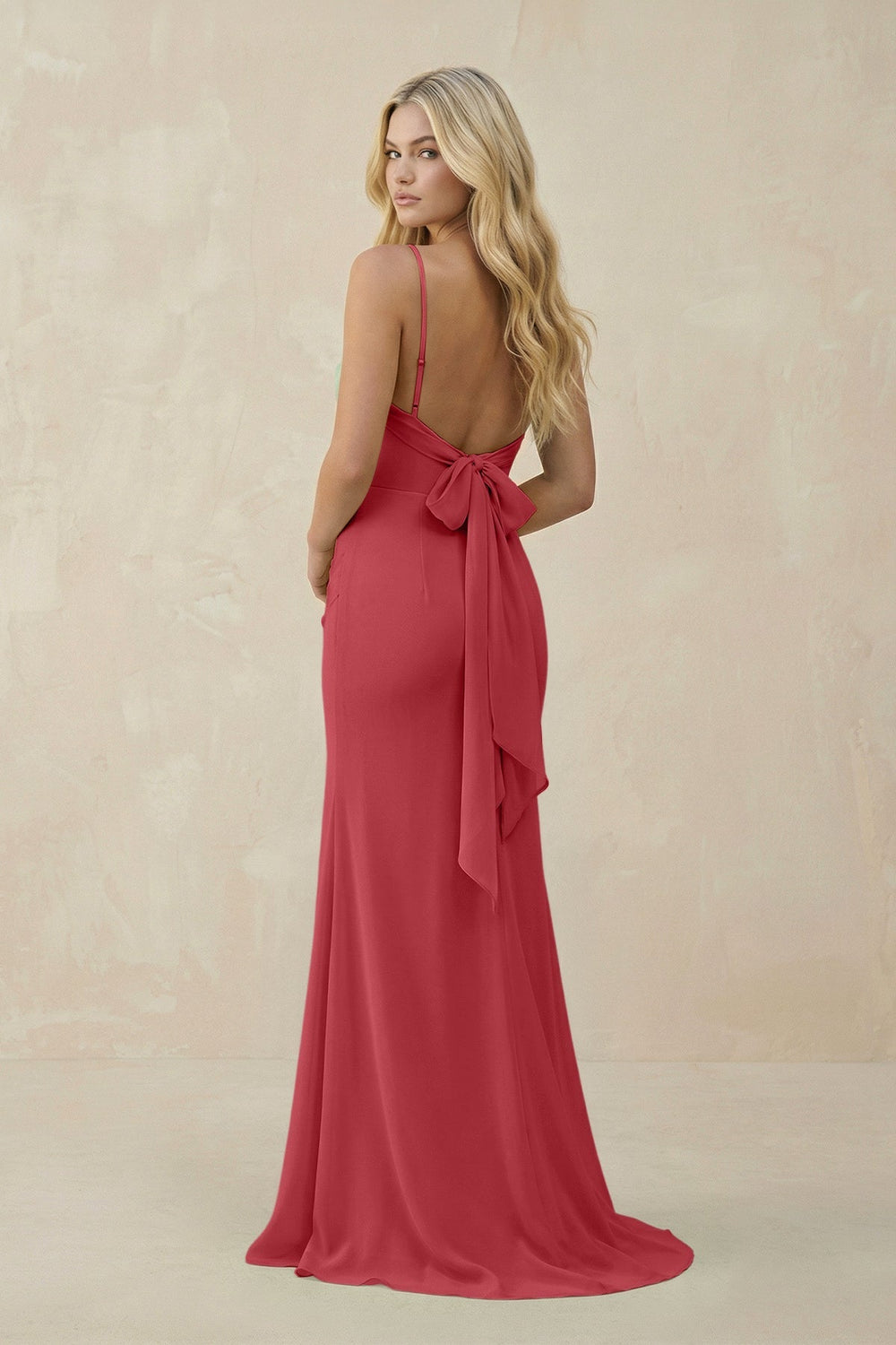 Cowl Neck Sheath Chiffon Bridesmaid Dress with Corset in Merlot - KISS BRIDAL Bridesmaid Dresses