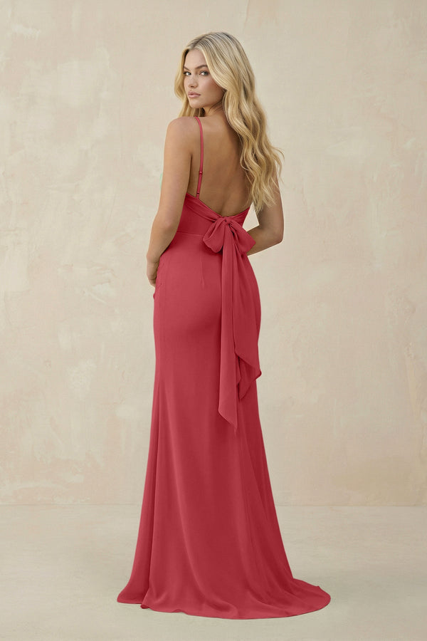 Cowl Neck Sheath Chiffon Bridesmaid Dress with Corset in Merlot - KISS BRIDAL Bridesmaid Dresses