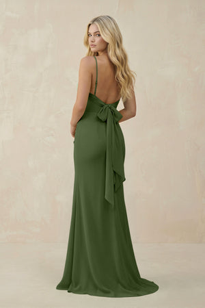 Cowl Neck Sheath Chiffon Bridesmaid Dress with Corset in Moss (2) | KISSBRIDAL