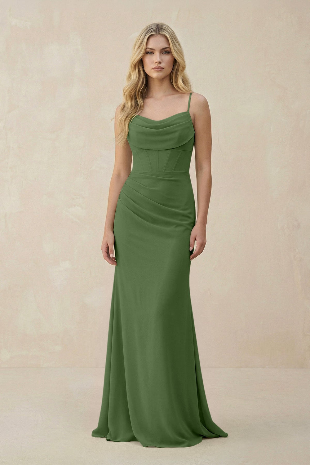 Cowl Neck Sheath Chiffon Bridesmaid Dress with Corset in Moss - KISS BRIDAL Bridesmaid Dresses