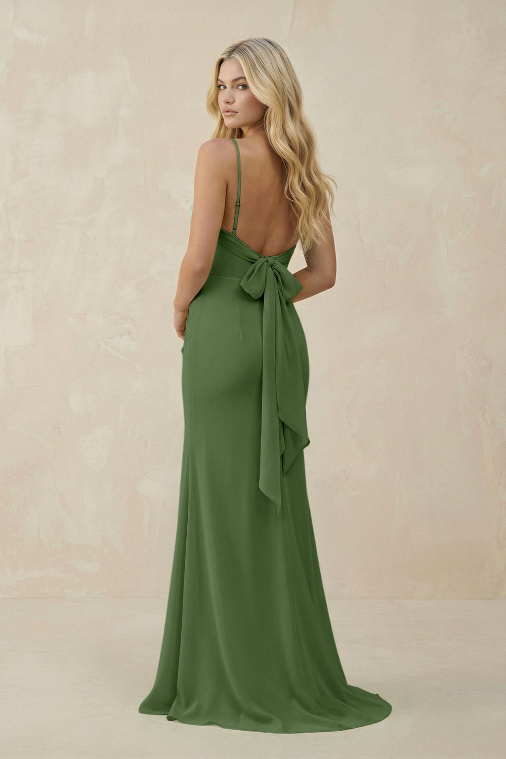 Cowl Neck Sheath Chiffon Bridesmaid Dress with Corset in Moss - KISS BRIDAL Bridesmaid Dresses