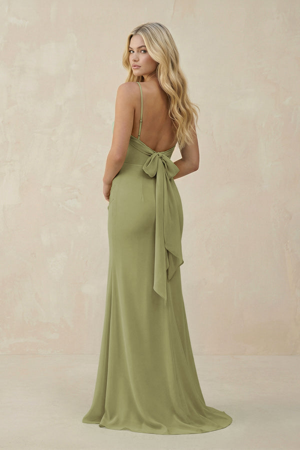 Cowl Neck Sheath Chiffon Bridesmaid Dress with Corset in Moss Green - SHE IS ME Bridesmaid Dresses