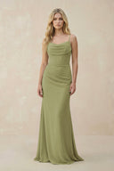 Cowl Neck Sheath Chiffon Bridesmaid Dress with Corset in Moss Green - SHE IS ME Bridesmaid Dresses