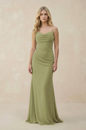 Cowl Neck Sheath Chiffon Bridesmaid Dress with Corset in Moss Green - SHE IS ME Bridesmaid Dresses