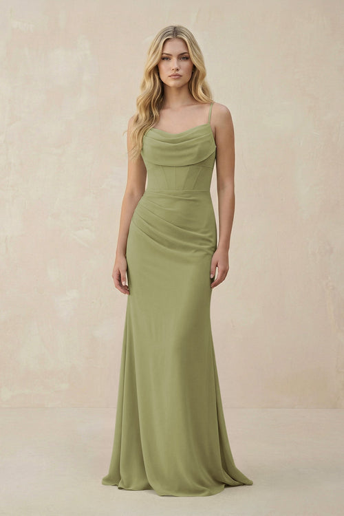 Cowl Neck Sheath Chiffon Bridesmaid Dress with Corset in Moss Green - SHE IS ME Bridesmaid Dresses