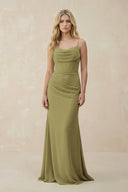 Cowl Neck Sheath Chiffon Bridesmaid Dress with Corset in Moss Green | KISSBRIDAL
