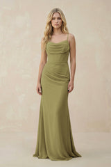 Cowl Neck Sheath Chiffon Bridesmaid Dress with Corset in Moss Green | KISSBRIDAL