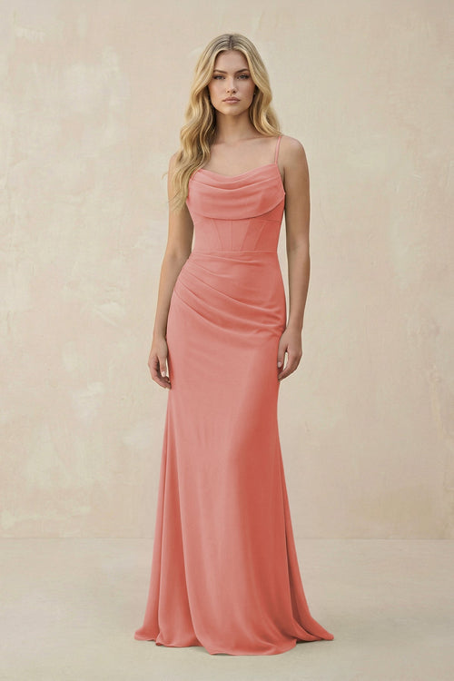 Cowl Neck Sheath Chiffon Bridesmaid Dress with Corset in Mulberry - KISS BRIDAL Bridesmaid Dresses