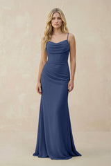 Cowl Neck Sheath Chiffon Bridesmaid Dress with Corset in Navy - KISS BRIDAL Bridesmaid Dresses