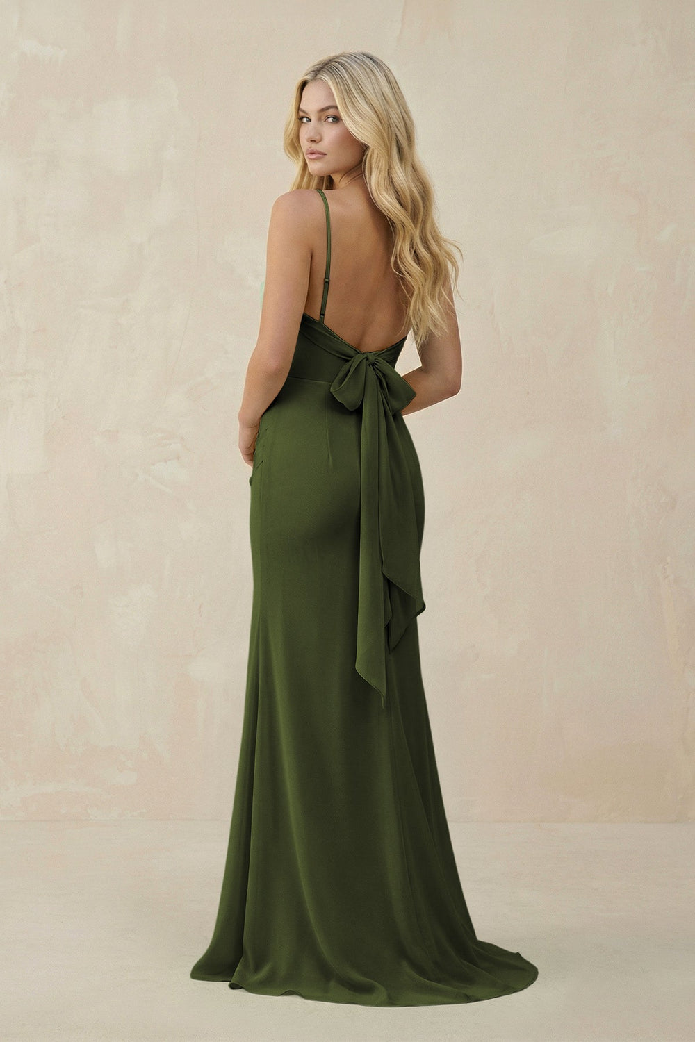 Cowl Neck Sheath Chiffon Bridesmaid Dress with Corset in Olive - KISS BRIDAL Bridesmaid Dresses