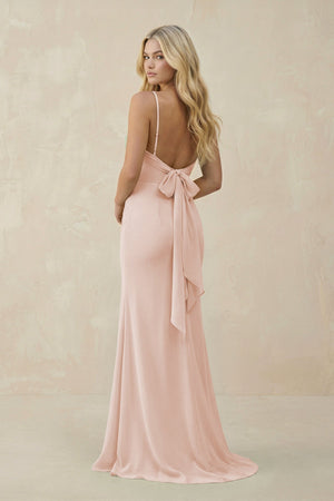 Cowl Neck Sheath Chiffon Bridesmaid Dress with Corset in Pale Blush - SHE IS ME Bridesmaid Dresses