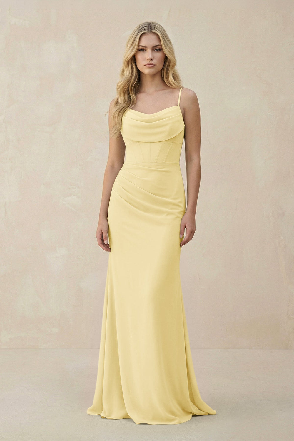 Cowl Neck Sheath Chiffon Bridesmaid Dress with Corset in Pastel Yellow - KISS BRIDAL Bridesmaid Dresses