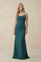 Cowl Neck Sheath Chiffon Bridesmaid Dress with Corset in Pine - KISS BRIDAL Bridesmaid Dresses