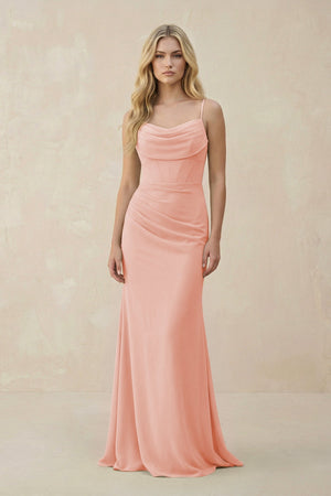Cowl Neck Sheath Chiffon Bridesmaid Dress with Corset in Rose Petal - SHE IS ME Bridesmaid Dresses