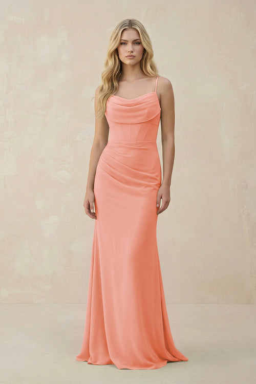 Cowl Neck Sheath Chiffon Bridesmaid Dress with Corset in Rosette - KISS BRIDAL Bridesmaid Dresses