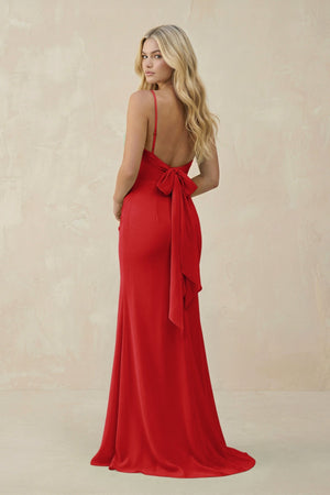 Cowl Neck Sheath Chiffon Bridesmaid Dress with Corset in Ruby Red - SHE IS ME Bridesmaid Dresses