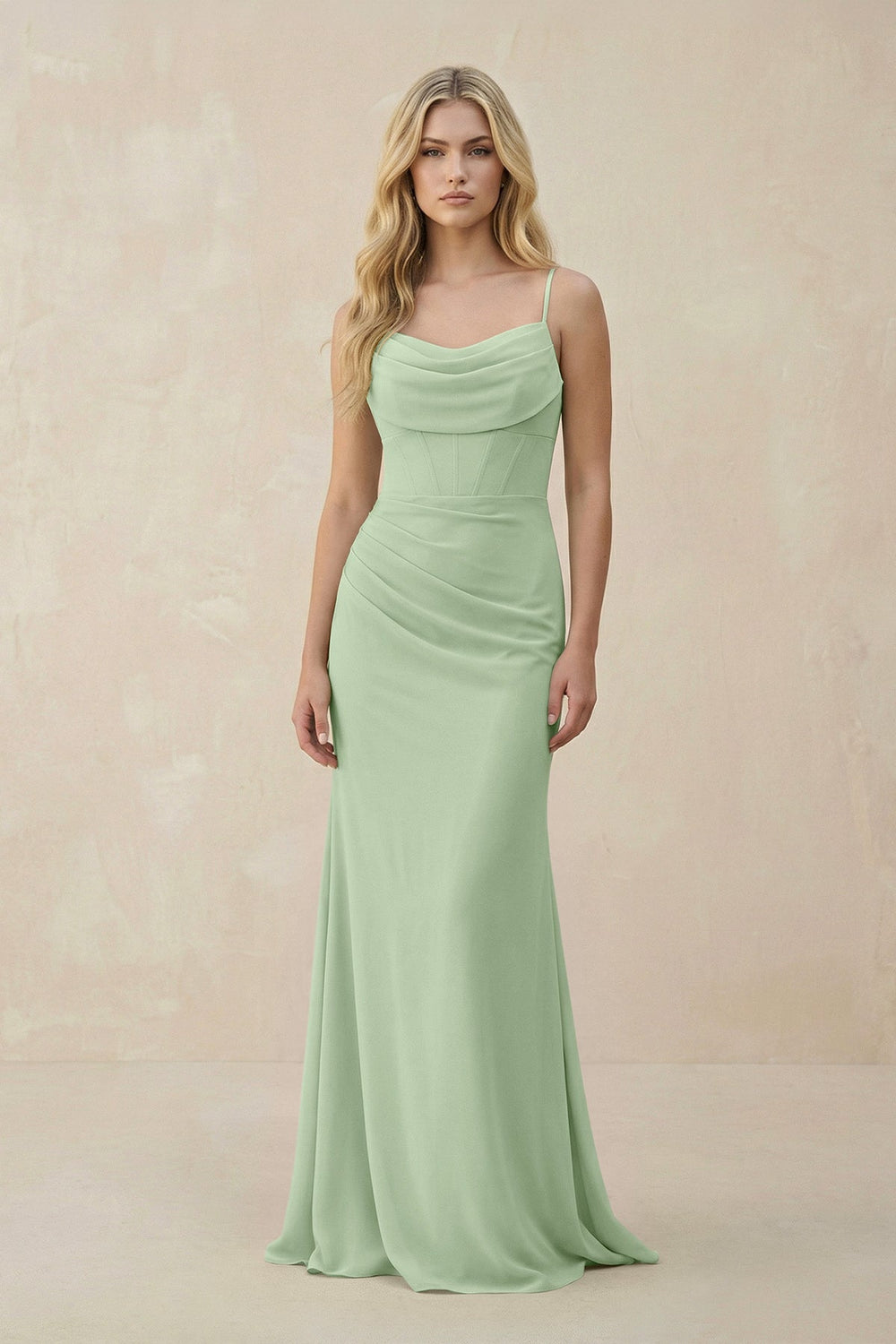 Cowl Neck Sheath Chiffon Bridesmaid Dress with Corset in Sage - SHE IS ME Bridesmaid Dresses