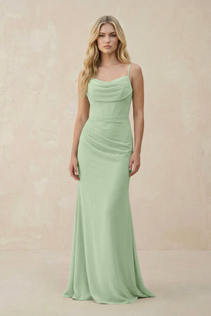 Cowl Neck Sheath Chiffon Bridesmaid Dress with Corset in Sage - KISS BRIDAL Bridesmaid Dresses