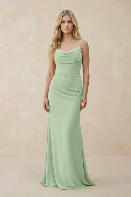 Cowl Neck Sheath Chiffon Bridesmaid Dress with Corset in Sage - KISS BRIDAL Bridesmaid Dresses