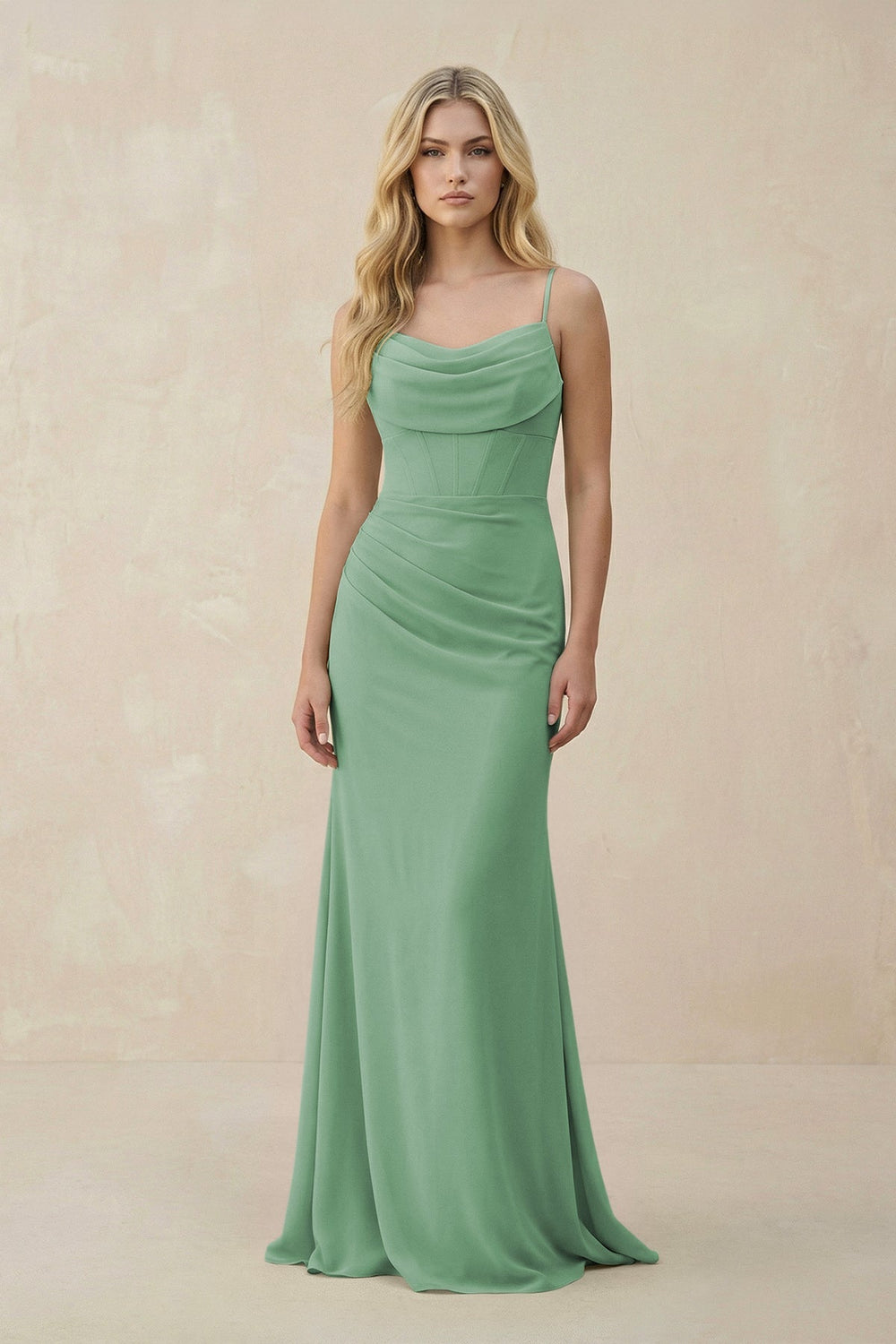 Cowl Neck Sheath Chiffon Bridesmaid Dress with Corset in Sea Glass - KISS BRIDAL Bridesmaid Dresses