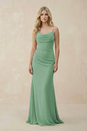 Cowl Neck Sheath Chiffon Bridesmaid Dress with Corset in Sea Glass - KISS BRIDAL Bridesmaid Dresses