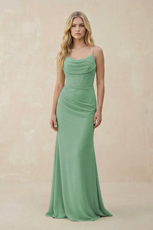 Cowl Neck Sheath Chiffon Bridesmaid Dress with Corset in Sea Glass - KISS BRIDAL Bridesmaid Dresses