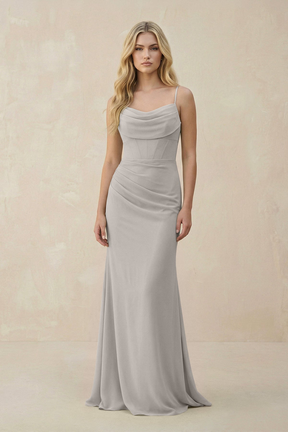 Cowl Neck Sheath Chiffon Bridesmaid Dress with Corset in Silver - KISS BRIDAL Bridesmaid Dresses