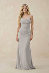Cowl Neck Sheath Chiffon Bridesmaid Dress with Corset in Silver - KISS BRIDAL Bridesmaid Dresses