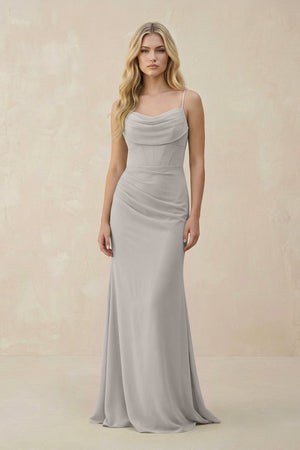 Cowl Neck Sheath Chiffon Bridesmaid Dress with Corset in Silver - KISS BRIDAL Bridesmaid Dresses