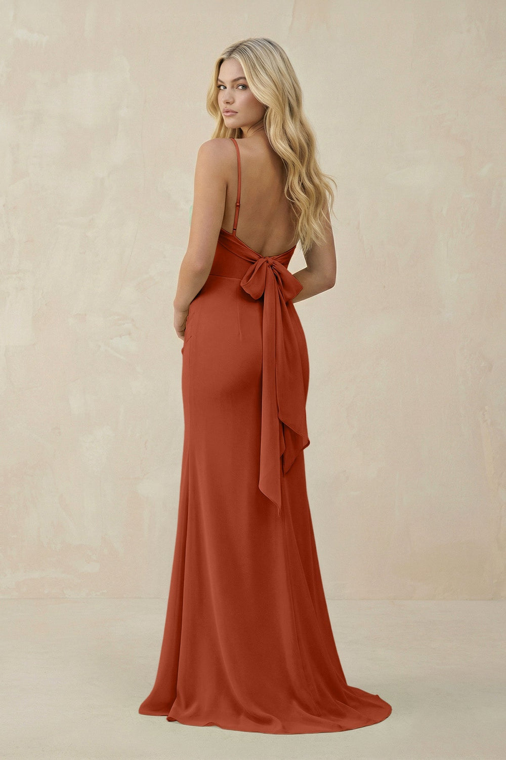 Cowl Neck Sheath Chiffon Bridesmaid Dress with Corset in Spice - KISS BRIDAL Bridesmaid Dresses