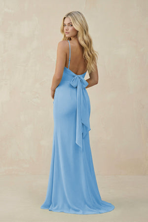 Cowl Neck Sheath Chiffon Bridesmaid Dress with Corset in Steel Blue - KISS BRIDAL Bridesmaid Dresses