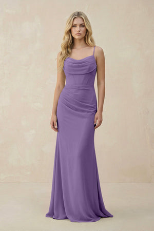 Cowl Neck Sheath Chiffon Bridesmaid Dress with Corset in Tahiti - KISS BRIDAL Bridesmaid Dresses