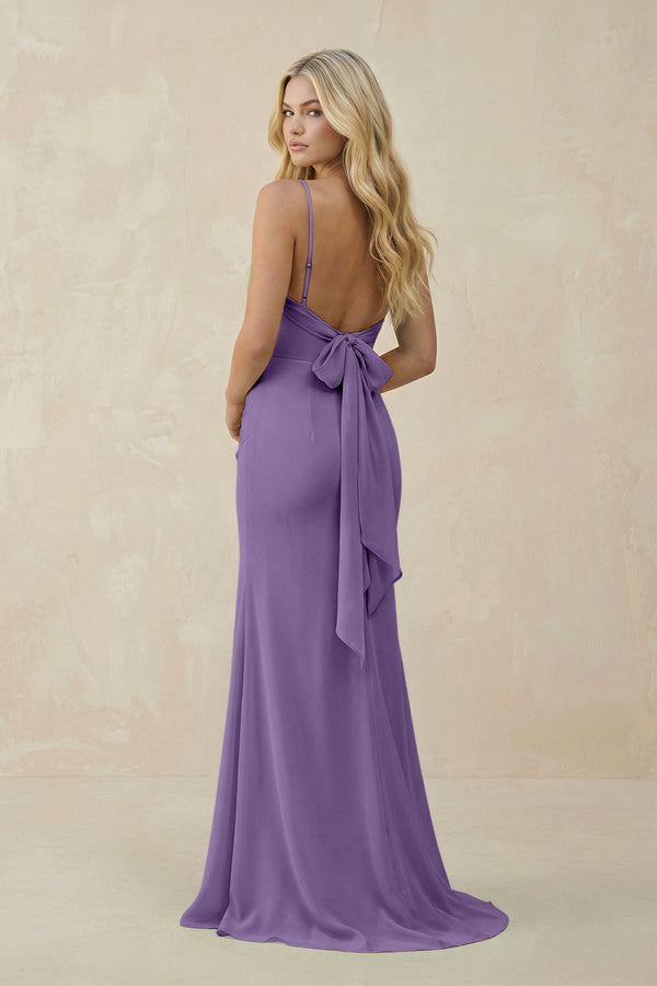 Cowl Neck Sheath Chiffon Bridesmaid Dress with Corset in Tahiti - KISS BRIDAL Bridesmaid Dresses