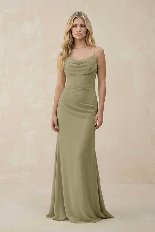 Cowl Neck Sheath Chiffon Bridesmaid Dress with Corset in Thyme - KISS BRIDAL Bridesmaid Dresses