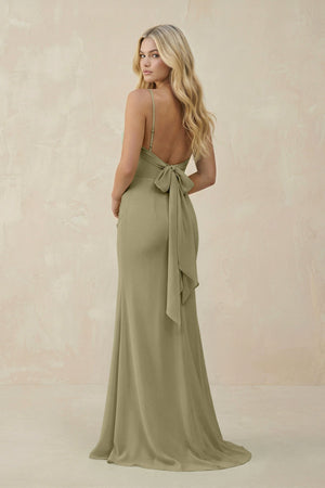 Cowl Neck Sheath Chiffon Bridesmaid Dress with Corset in Thyme - KISS BRIDAL Bridesmaid Dresses