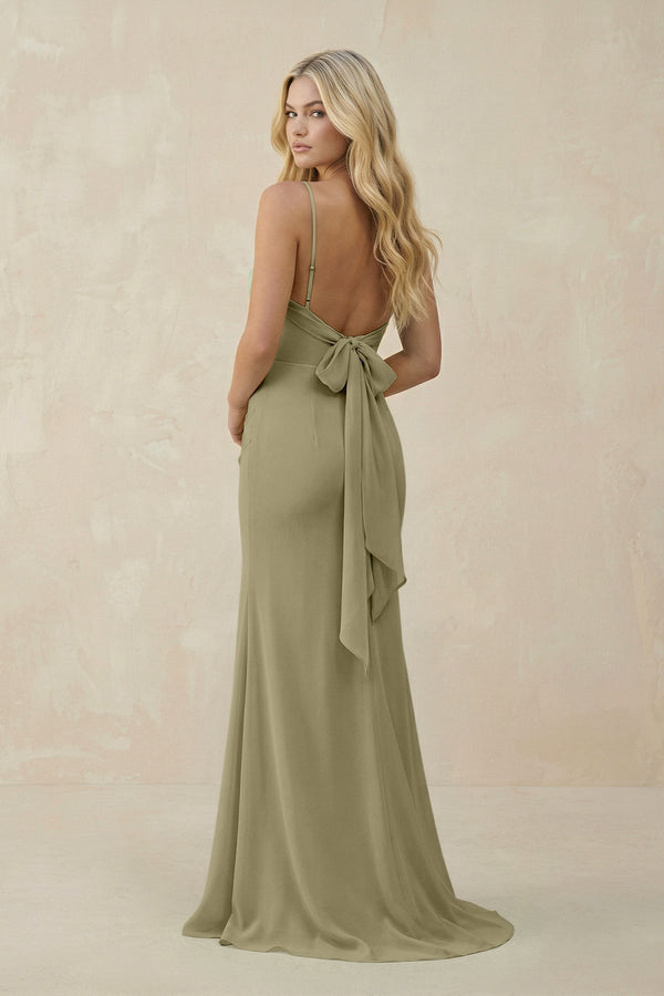 Cowl Neck Sheath Chiffon Bridesmaid Dress with Corset in Thyme - KISS BRIDAL Bridesmaid Dresses
