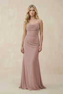 Cowl Neck Sheath Chiffon Bridesmaid Dress with Corset in Toffee | KISSBRIDAL