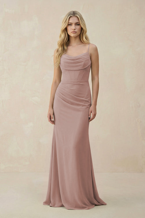 Cowl Neck Sheath Chiffon Bridesmaid Dress with Corset in Toffee | KISSBRIDAL