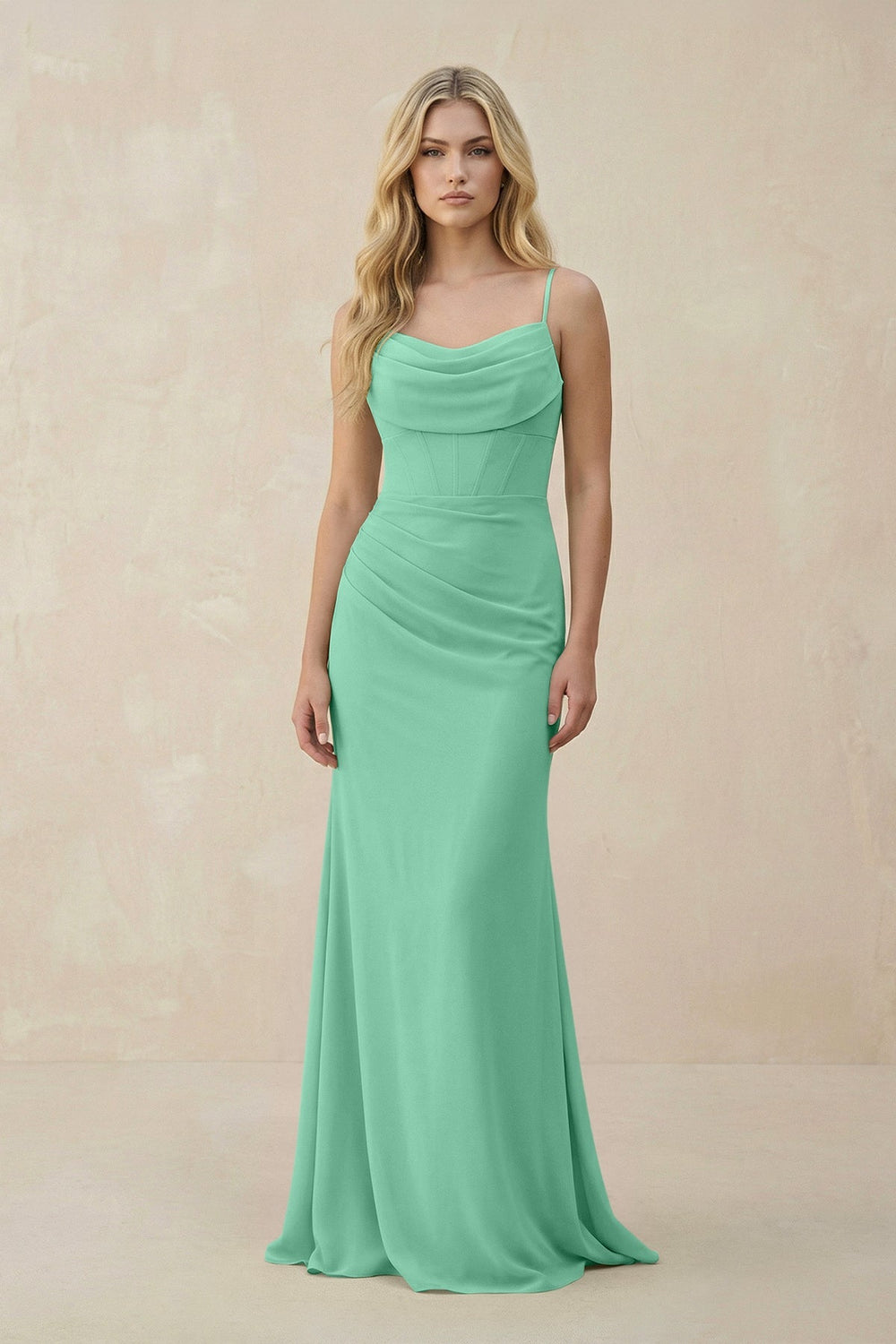Cowl Neck Sheath Chiffon Bridesmaid Dress with Corset in Turquoise - KISS BRIDAL Bridesmaid Dresses